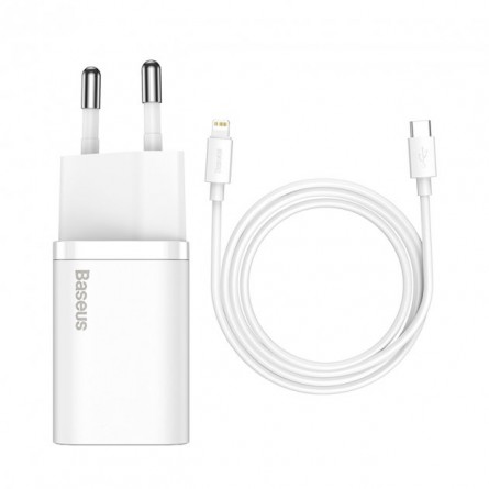 Зарядное утсройство Baseus Super Si Quick Charger QC&PD3.0 single Type-C 20W 3A with Lightning-Type-C cable White