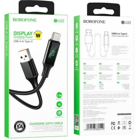 Borofone BU32 USB to Type-C 5A, 1.2m, nylon, aluminum connectors, digital display, Black фото №2