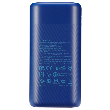 Мобільна батарея Adata P10000QCD 10000mAh QC/PD 22.5W Blue фото №4