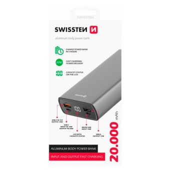 Изображение Мобильная батарея Swissten Aluminium 20000 mAh 20W Power Delivery Black