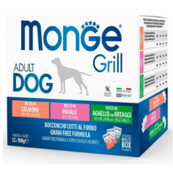 Изображение Вологий корм для собак Monge Dog Grill Mix свинина, баранина та лосось 12*100 г (8009470017503)