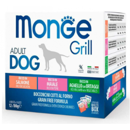 Вологий корм для собак Monge Dog Grill Mix свинина, баранина та лосось 12*100 г (8009470017503)
