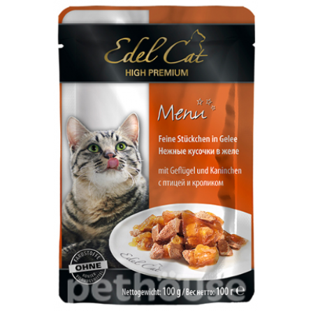 Вологий корм для котів Edel Cat птиця та кролик в желе 100 г (4003024180013)