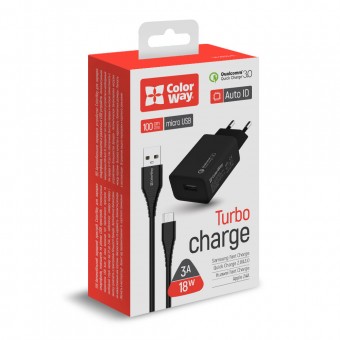 Изображение СЗУ Colorway 1USB Quick Charge 3.0 (18W) черное   cable micro USB