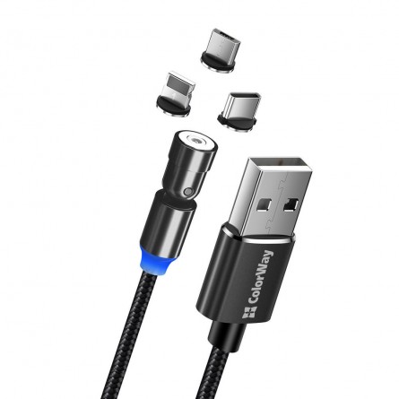 Colorway USB - 3в1 (Lightning MicroUSB Type-C) Magnetic Rotation 540° 2.4А 1м чорний CW-CBUU037-BK фото №2