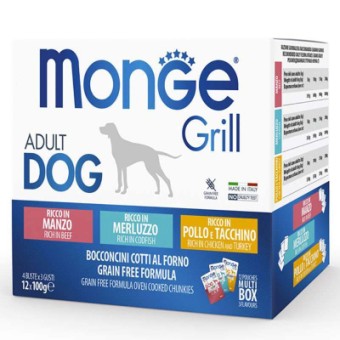 Изображение Вологий корм для собак Monge Dog Grill Mix Курка та індичка, яловичина, тріска 12*100 г (8009470017510)