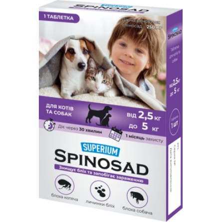 Таблетки для тварин SUPERIUM Spinosad від бліх для котів та собак вагою 2.5-5 кг (4823089337791)