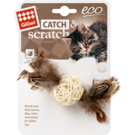 Іграшки для котів GiGwi Catch&scratch Плетений м'ячик з дзвіночком та пір'ям 13 см (75047) фото №2