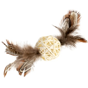 Изображение Іграшки для котів GiGwi Catch&scratch Плетений м'ячик з дзвіночком та пір'ям 13 см (75047)