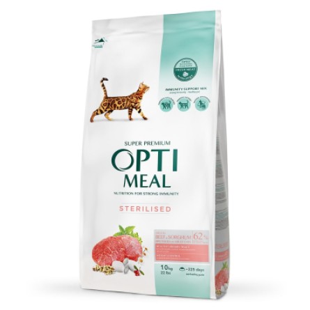 Сухий корм для котів Optimeal для стерилізованих/кастрованих з яловичиною та сорго 10 кг (B1831401)
