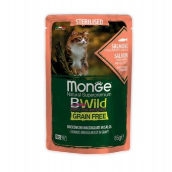 Зображення Вологий корм для котів Monge BWild Cat Free Wet Sterilized лосось з креветками 85 г (8009470012782)