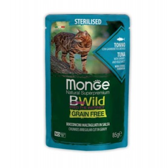 Зображення Вологий корм для котів Monge BWild Cat Free Wet Sterilized тунець з креветками 85 г (8009470012799)