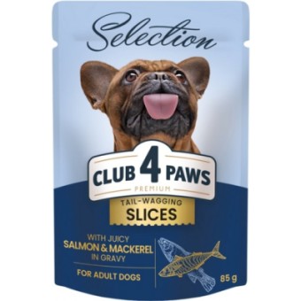 Изображение Вологий корм для собак  Selection Плюс Шматочки з лососем та макрелью в соусі 85 г (4820215368056)