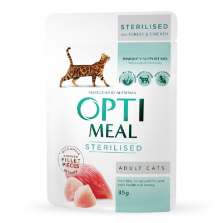 Вологий корм для котів Optimeal для стерилізованих з індичкой і курячим філем в соусі 85 г (4820083906015)