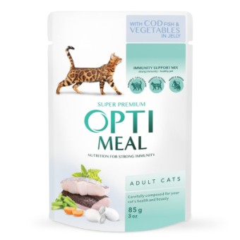 Изображение Вологий корм для котів Optimeal з тріскою і овочами в желе 85 г (4820215364041)