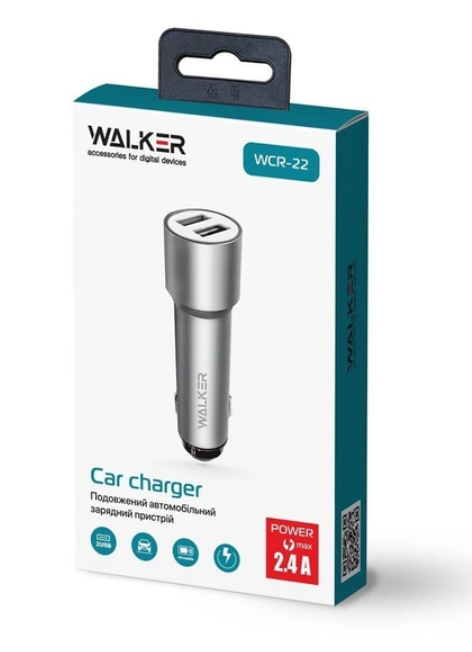 АЗП Walker WCR-22 2USB 1.0А 2.4A металл, удлиненные silver фото №2