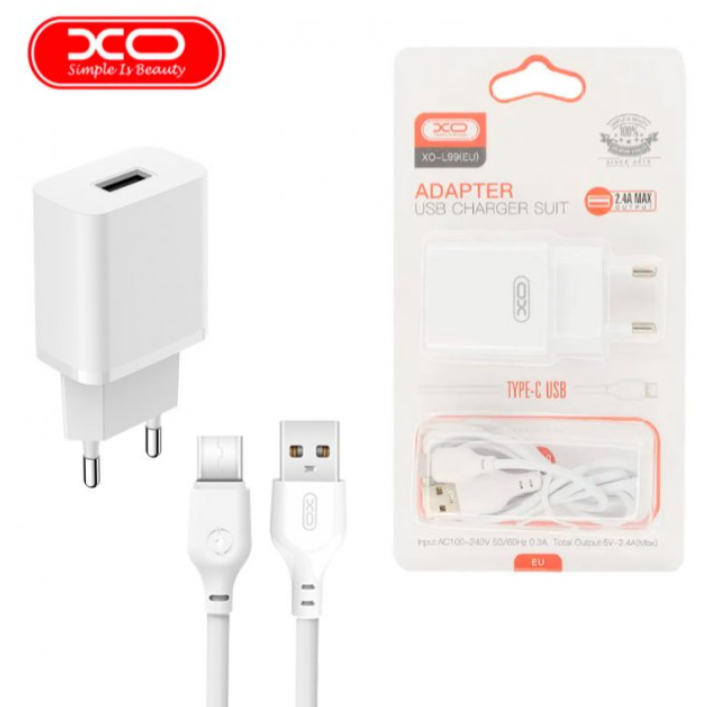 СЗУ XO L99 single USB 2.4A with Type-C cable White