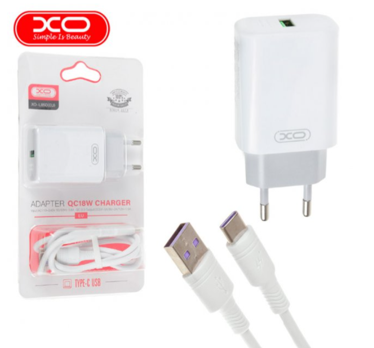СЗУ XO L85D single USB QC3.0 18W 3A with Type-C cable White