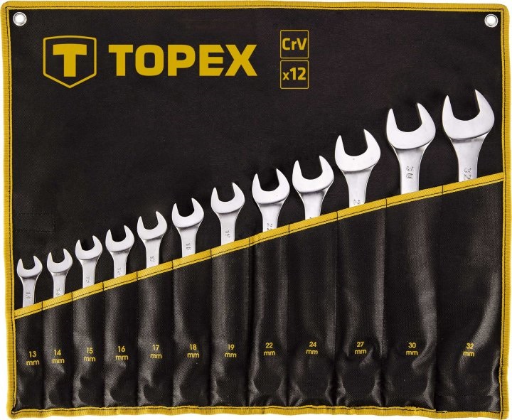 Ключ Topex гайкові , набір 12 од., комбіновані, 13-32 мм, CrV, чохол-скручування