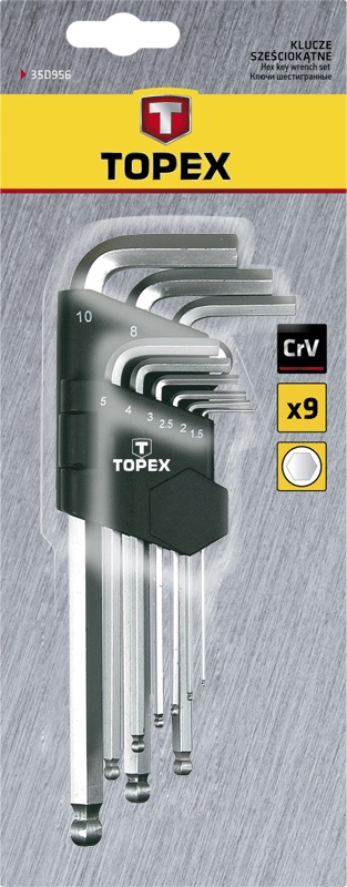 Ключ Topex шестигранні , набір 9 од., 1.5-10 мм, кулястий наконечник, довгі фото №2