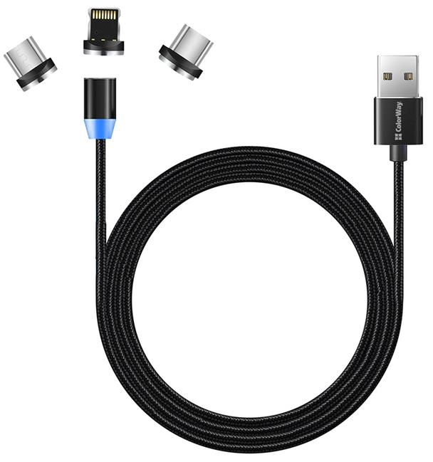 Colorway USB - 3в1 (Lightning MicroUSB Type-C) Magnetic 2.4А 1м чорний (CW-CBUU020-BK)