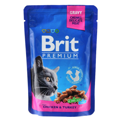 Вологий корм для котів Brit Premium Cat Pouches курка та індичка 100 г (8595602506019)