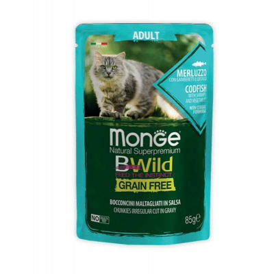 Вологий корм для котів Monge BWild Cat Free Wet з тріскою та креветками 85 г (8009470012768)