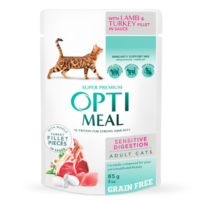 Вологий корм для котів Optimeal з чутливим травленням з ягням і філе індички 85 г (4820215364003)