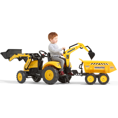 Електромобіль дитячий Falk Komatsu трактор на педалях з причепом, переднім і заднім ковшем Жовтий (2086W) фото №3